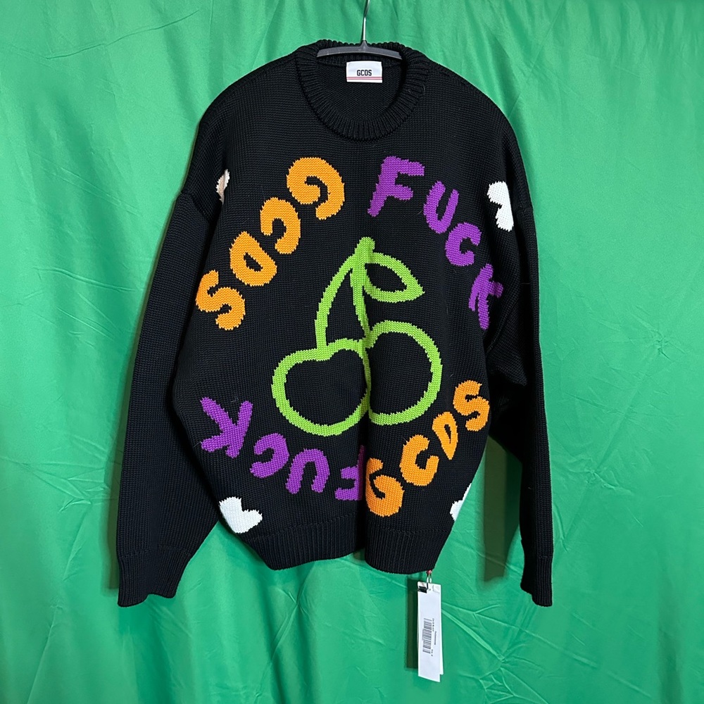 GCDS black logo F-word cherry thick knit sweater NWT